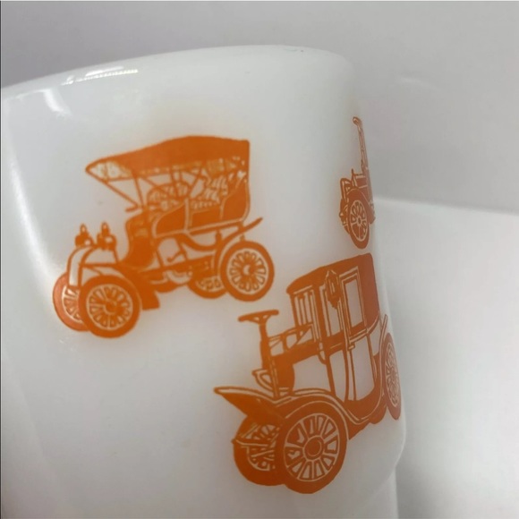Vintage Fire King Milk Glass Coffee Mug Cup Orange Antique Cars Automobiles - Picture 7 of 12